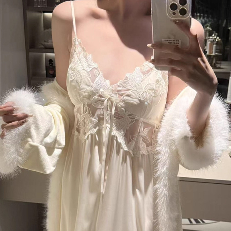 秋冬季法式加绒睡袍性感蕾丝薄款冰丝吊带睡裙女成熟贵妇高级长裙,女士内衣/男士内衣/家居服,睡裙,淘宝优惠券,粉丝福利购,淘宝优惠卷