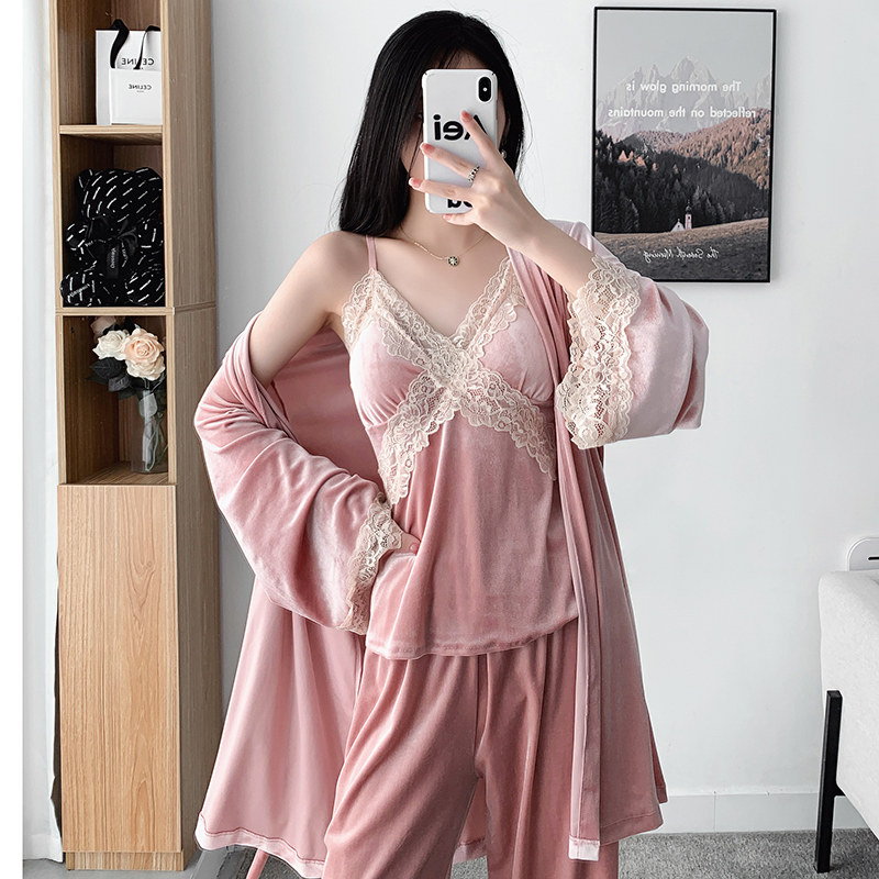 金丝绒睡衣女秋冬性感带胸垫蕾丝露背吊带长裤睡袍三件套装家居服