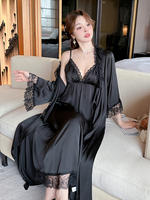 Ice silk pajama women's spring and summer sexy off-the-shoulder sleeping dress and bathrobe two-piece set, mid-length lace backless home wear thumbnail 6