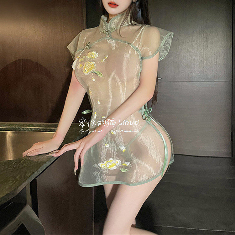 宠你的猫：古典韵味 轻薄柔纱性感透视盘口高腰系带开叉旗袍制服,女士内衣/男士内衣/家居服,睡裙,淘宝优惠券,粉丝福利购,淘宝优惠卷