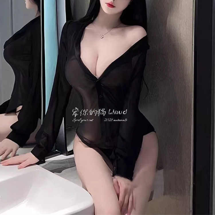 宠你的猫：慵懒风透视薄款黑衬衣宽松显瘦长袖衬衫OL秘书睡衣女士