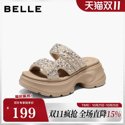 百丽闪耀烫钻面休闲拖鞋女2026夏新厚底增高可外穿拖鞋F7V1DBT6