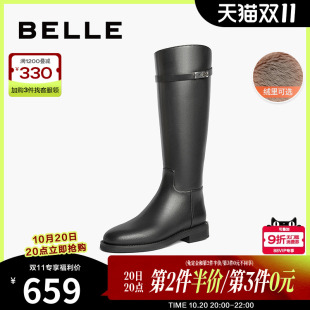 百丽厚底骑士靴女靴子新款 弹力靴加绒黑色高长筒靴B2160DG4 冬季