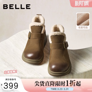 真皮厚底切尔西短靴E5D1DDD5 新款 百丽加绒保暖棉鞋 休闲靴子女冬季