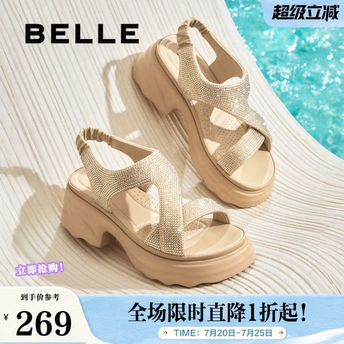 百丽满天星女鞋厚底高跟法式运动凉鞋夏季辛苦外穿拖鞋B2666BL5