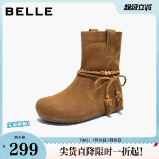 百丽女靴子复古绒面西部牛仔靴民族风内增高休闲中筒靴B2937DZ5