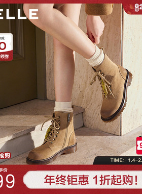 百丽复古绒面英伦风马丁靴子冬季新款女款牛津底休闲短靴BCX64DZ5