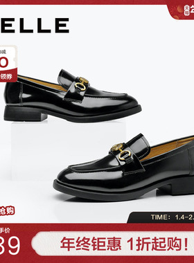 百丽复古英伦风乐福鞋女鞋子春季新款真皮黑色平底单鞋A5Y1DAA4