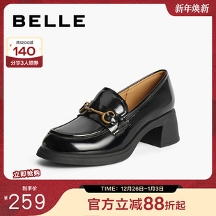 马衔扣粗高跟乐福鞋 黑色小皮鞋 3A625CA4 子英伦通勤单鞋 百丽女鞋