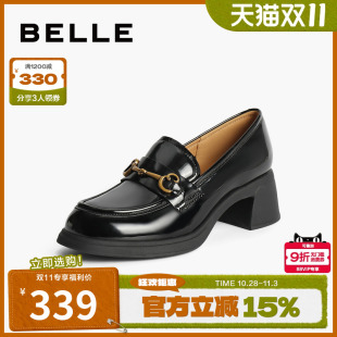 马衔扣粗高跟乐福鞋 黑色小皮鞋 3A625CA4预 子英伦通勤单鞋 百丽女鞋