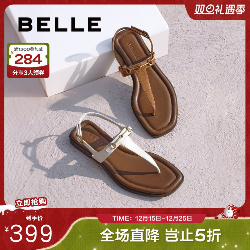 百丽夹脚趾人字平底凉拖女2025夏季新款可外穿罗马凉鞋子3UE39BL5