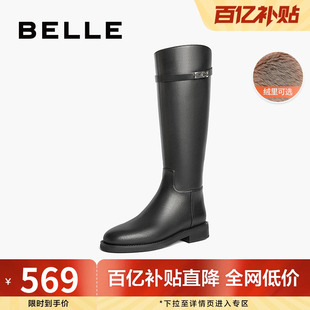 百丽厚底骑士靴女靴子新款冬季弹力靴加绒黑色高长筒靴B2160DG4