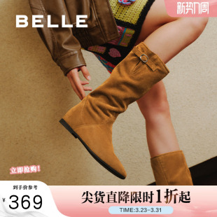 百丽女靴子复古西部靴堆堆靴加绒保暖冬季 内增高筒靴E5Y1DDG5 新款