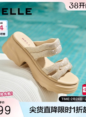 百丽女鞋子亮钻厚底休闲拖鞋夏季新款妈妈鞋可外穿拖鞋D7Z1DBT5