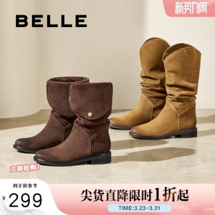 百丽西部牛仔靴女靴子新款 真皮长筒堆堆靴显瘦高长靴3QFB1DG4 冬季