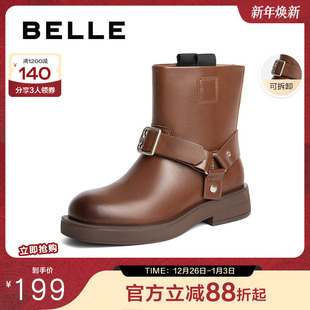 休闲短筒马丁靴复古短靴西部靴B2170DZ4 新款 百丽女鞋 子冬季