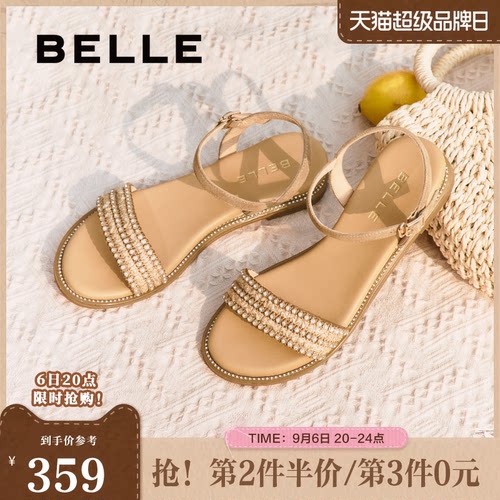 百丽女鞋子一字带凉鞋女夏季新款法式绝美海边平底单鞋3CQ36BL5