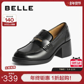 子粗跟JK乐福鞋 新款 真皮黑色小皮鞋 百丽女鞋 深口单鞋 子B5K1DCA4