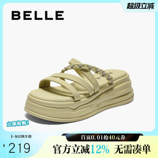 新款 百丽女鞋 多条带休闲拖鞋 女夏季 B2713BT5 厚底增高外穿编织拖鞋