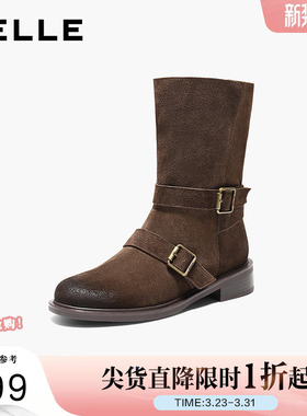 百丽复古反绒面中筒靴显瘦时装靴女鞋美拉德粗跟西部靴3QF65DG5