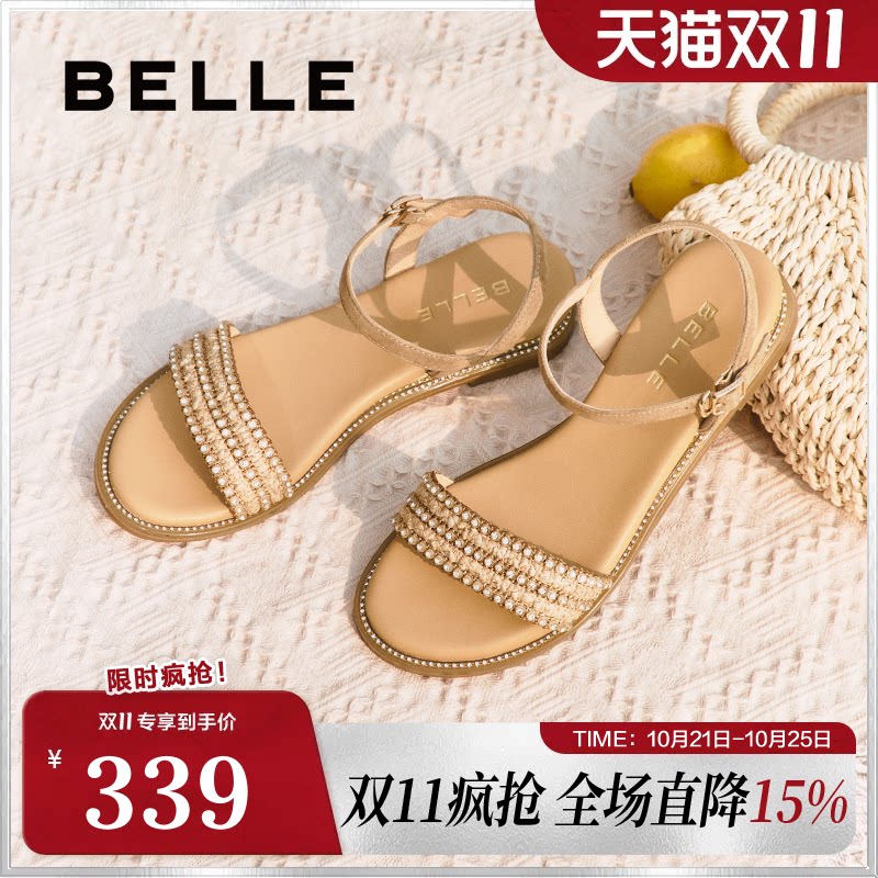 百丽女鞋子一字带凉鞋女夏季新款法式绝美海边平底单鞋3CQ36BL5
