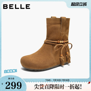 百丽女靴子复古绒面西部牛仔靴民族风内增高休闲中筒靴B2937DZ5