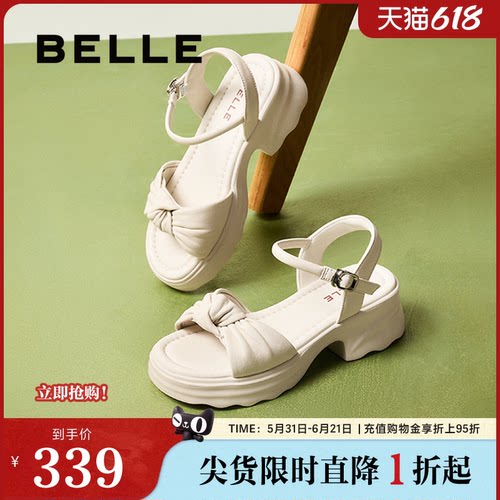 百丽女鞋子厚底休闲一字带凉鞋女夏新款可外穿沙滩凉鞋D6M1DBL5预
