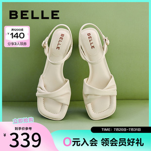 商場(chǎng)同款 百麗氣質(zhì)方頭一字帶涼鞋 新款 真皮粗跟涼鞋 女夏季 A9X1DBL4