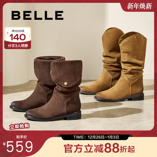 百丽西部牛仔靴女靴子新款 真皮长筒堆堆靴显瘦高长靴3QFB1DG4 冬季