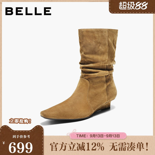 百丽复古绒面西部靴女2026冬新商场同款质感真皮利落短靴BLT63DZ6