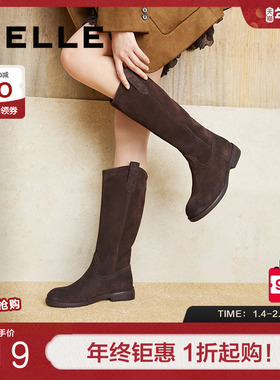 百丽西部牛仔靴女靴子冬季新款长筒靴堆堆靴时装靴高长靴D2L1DDG4