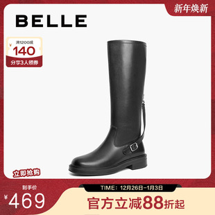 百丽女靴子复古骑士靴新款 长筒真皮厚底高长靴3ELB8DG4 冬季