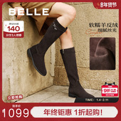 田曦薇章若楠同款 百丽双子星骑士高长筒靴冬加绒显瘦靴子E4F1DDG5