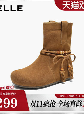 百丽女靴子复古绒面西部牛仔靴民族风内增高休闲中筒靴B2937DZ5
