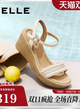 百丽女鞋度假风一字带凉鞋夏季新款妈妈坡跟松糕凉鞋子D8T1DBL5