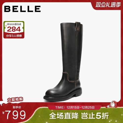 百丽女鞋复古真皮高长靴骑士靴女冬季新款厚底显瘦长筒靴F2U1DDG5