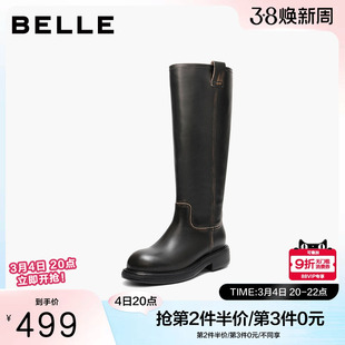 百丽女鞋复古真皮高长靴骑士靴女冬季新款厚底显瘦长筒靴F2U1DDG5