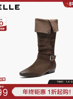 百丽女鞋复古西部牛仔靴时装靴秋冬堆堆靴宽筒围长筒靴子BFB71DG5