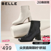 靴E5U1DDD5 优雅时装 百丽复古褶皱显瘦高跟短靴子加绒新款 专柜款