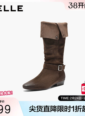 百丽女鞋复古西部牛仔靴时装靴秋冬堆堆靴宽筒围长筒靴子BFB71DG5