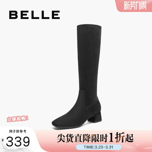 粗高跟尖头瘦瘦弹力靴子3LI71DG4 新款 百丽女鞋 增高长筒靴冬季