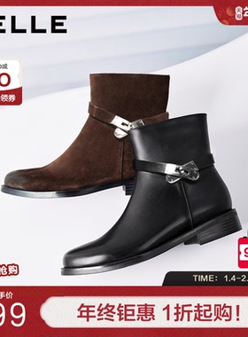 百丽女靴真皮通勤时装靴冬新款粗跟瘦瘦靴羊皮绒面中筒靴3QF48DD5