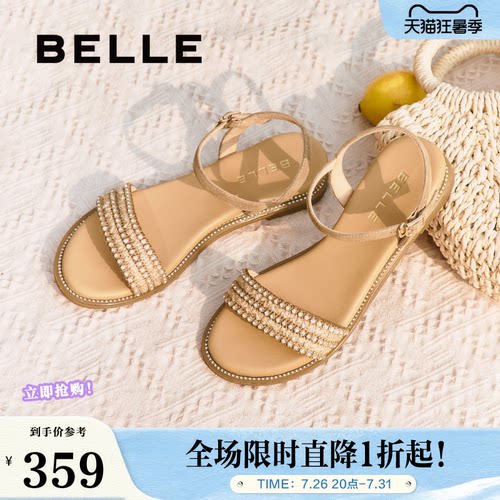 百丽女鞋子一字带凉鞋女夏季新款法式绝美海边平底单鞋3CQ36BL5