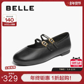 复古玛丽珍鞋 女秋季 新款 百丽女鞋 双条带绒面薄底浅口单鞋 3H9F1CQ5