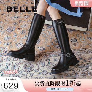 百丽厚底高长靴骑士靴女冬季 真皮显瘦瘦长筒靴子3NC72DG4 新款