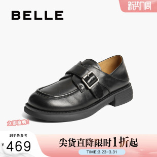 两穿一脚蹬深口单鞋 黑色小皮鞋 子D9W1DCM5预 女新款 百丽复古乐福鞋