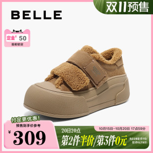 2025春新款 毛毛加绒板鞋 百丽女鞋 厚底雪地靴B2490AM5 双11预售