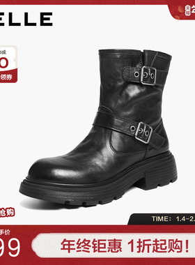百丽女鞋厚底增高真皮西部靴子女冬新复古双饰扣中筒靴B2959DD5