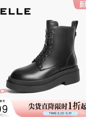 百丽女靴子冬季新款加绒厚底英伦风短靴黑色马丁靴女鞋B9M1DDD4