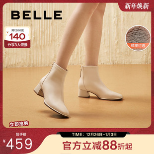 百丽女靴子超软羊皮显瘦短靴英伦风加绒粗高跟时装 靴3LI40DD4